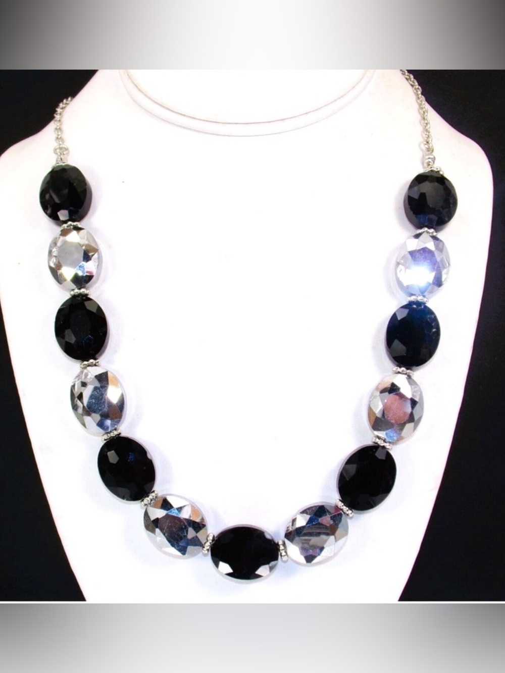 Black and gray glass oval bead necklace with small silver beads, formal neck New